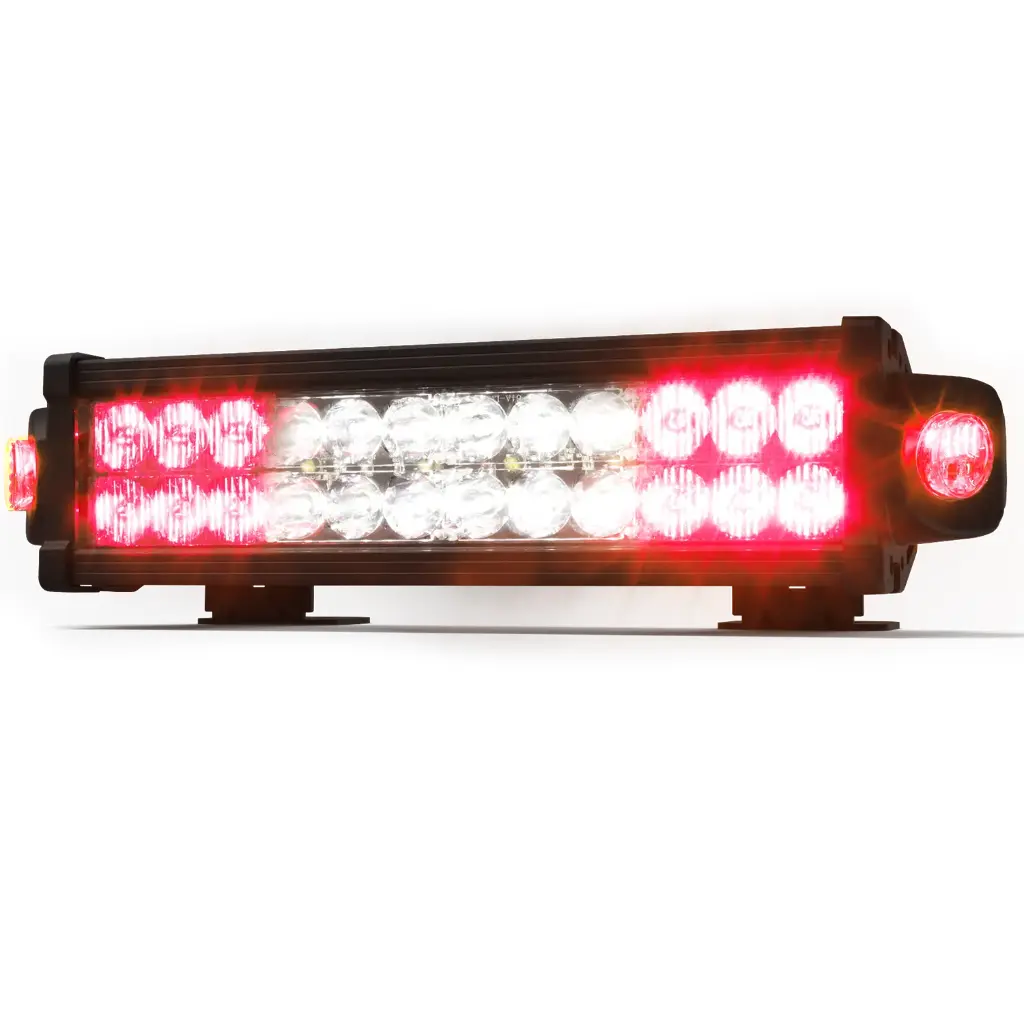ED9215RW - ECCO - Barra direccional led advertencia lateral 12-24vcd dual color rojo-blanco 36 Leds 2350 Lúmenes 69 Patrones IP67 3.3 Amps Clase I con luz de trabajo blanca central de 135° de iluminación. 